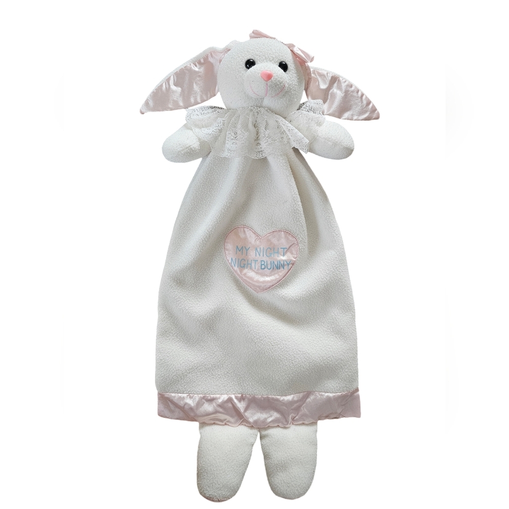 Vtg Daikin Baby Lovey Pink White My Night Bunny Satin Trim Security Blanket 27"